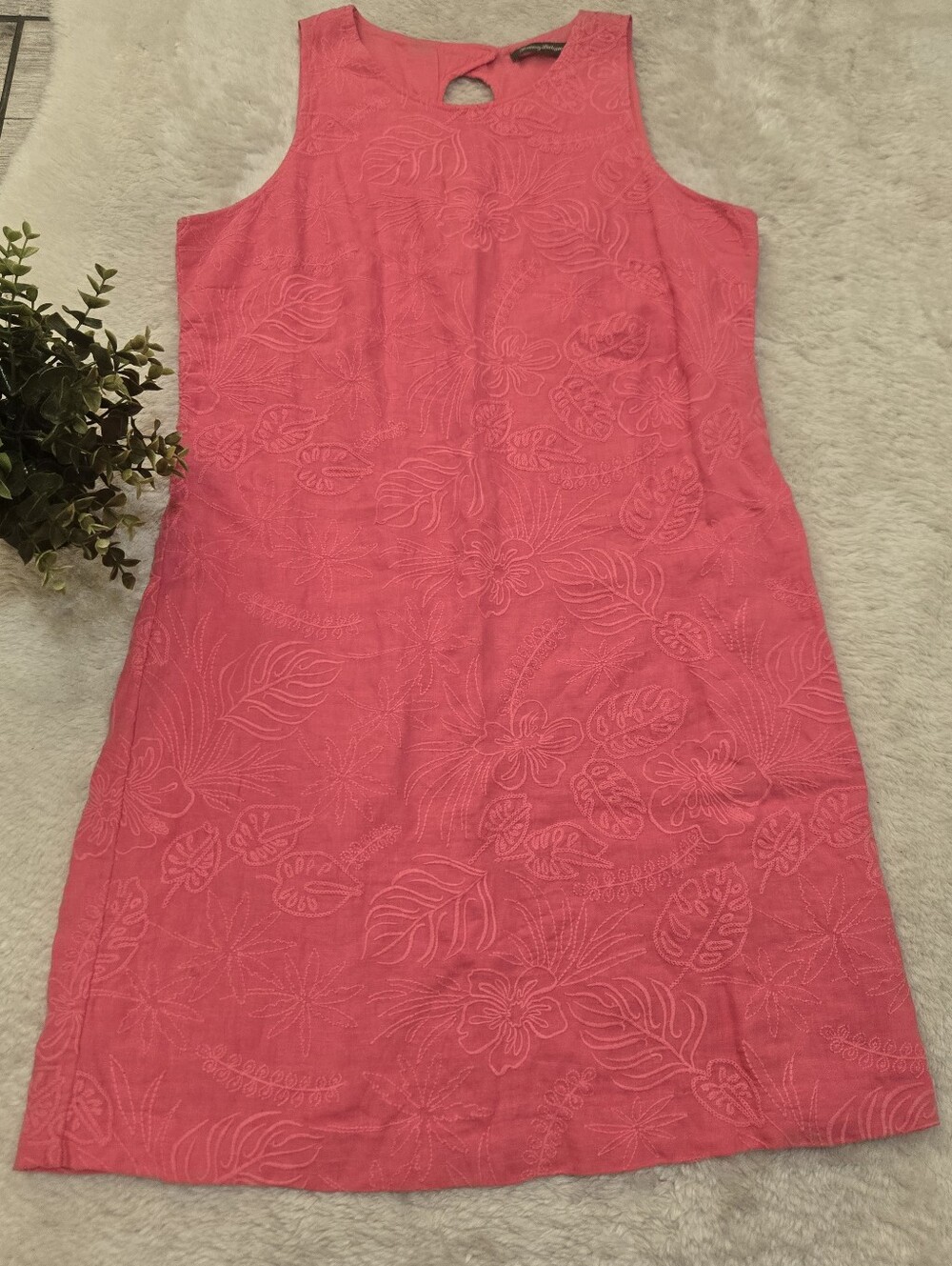 Tommy Bahama Pink Embroidered Tropical Resortwear Linen Sleeveless Shift Dress